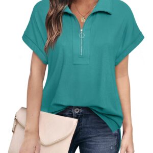 Vivilli Dressy Tops for Women Summer Blouses for Women 2024 Collared Shirt for Women Short Sleeve Shirts Womens Fashion Blouses Tops V Neck Drop Shoulder Polo Tee Shirts for Work Office Dark Green L