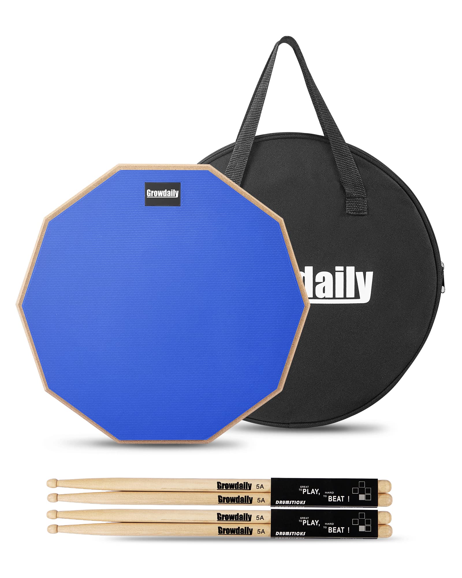 GrowDaily Drum Practice Pad for drumming drum pad and sticks 12 In,Sided With 2 Pairs/4 Maple 5A Drum Sticks & Storage Bag (Blue)