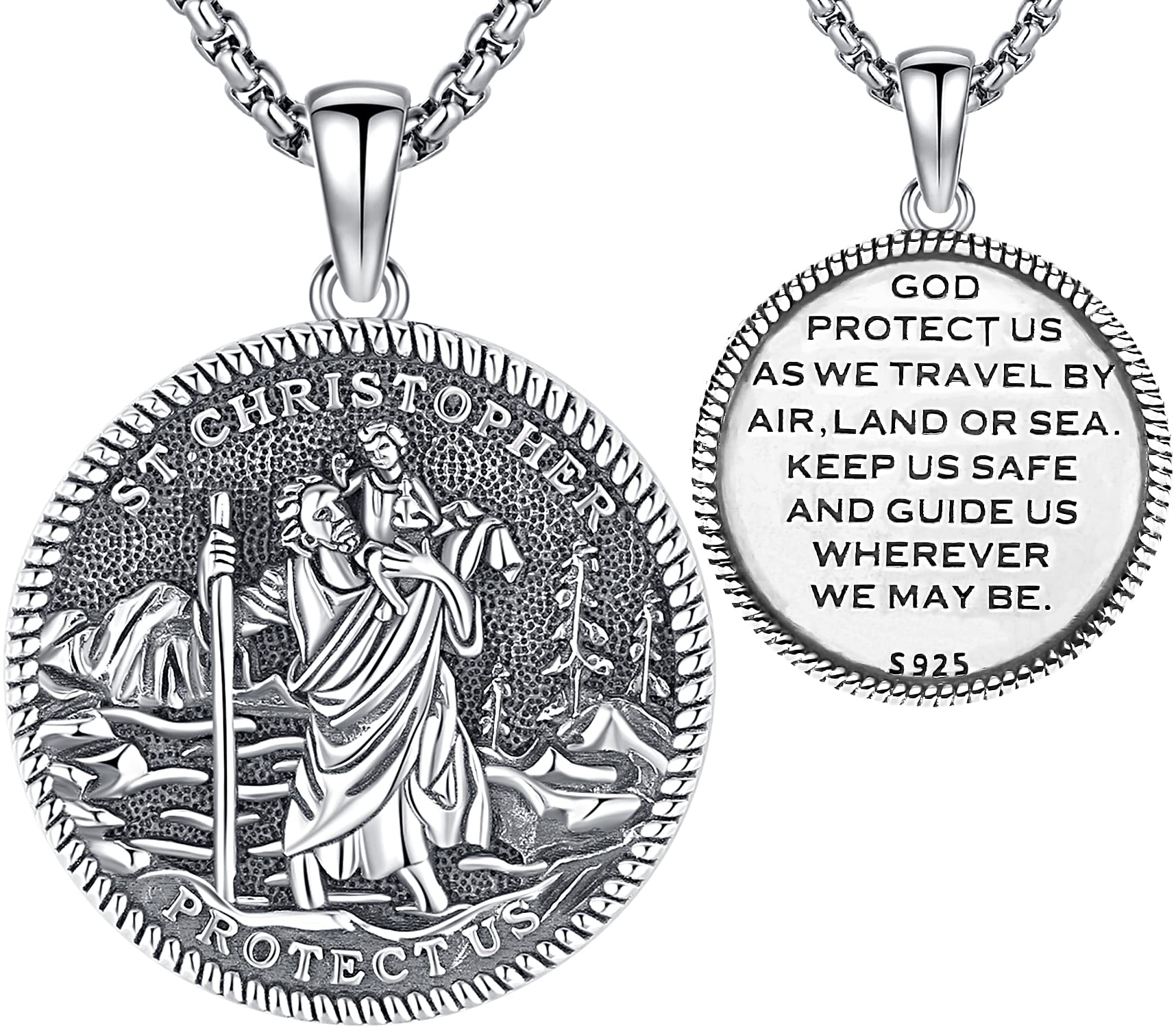 Aniu St Christopher Necklace for Men Saint Christopher Necklace for Men St Christopher Medal Medallion Pendant Necklace Sterling Silver Protect Talisman Necklace Tavel Jewelry