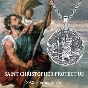 Aniu St Christopher Necklace for Men Saint Christopher Necklace for Men St Christopher Medal Medallion Pendant Necklace Sterling Silver Protect Talisman Necklace Tavel Jewelry