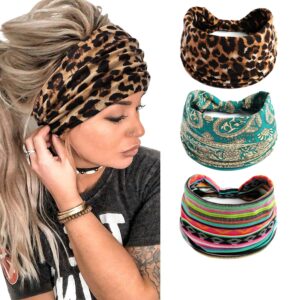 eyanse workout headbands for women leopard boho retro paisley fabric fashion stretch head wraps yoga hair bandana head bands pack of 3,colorful