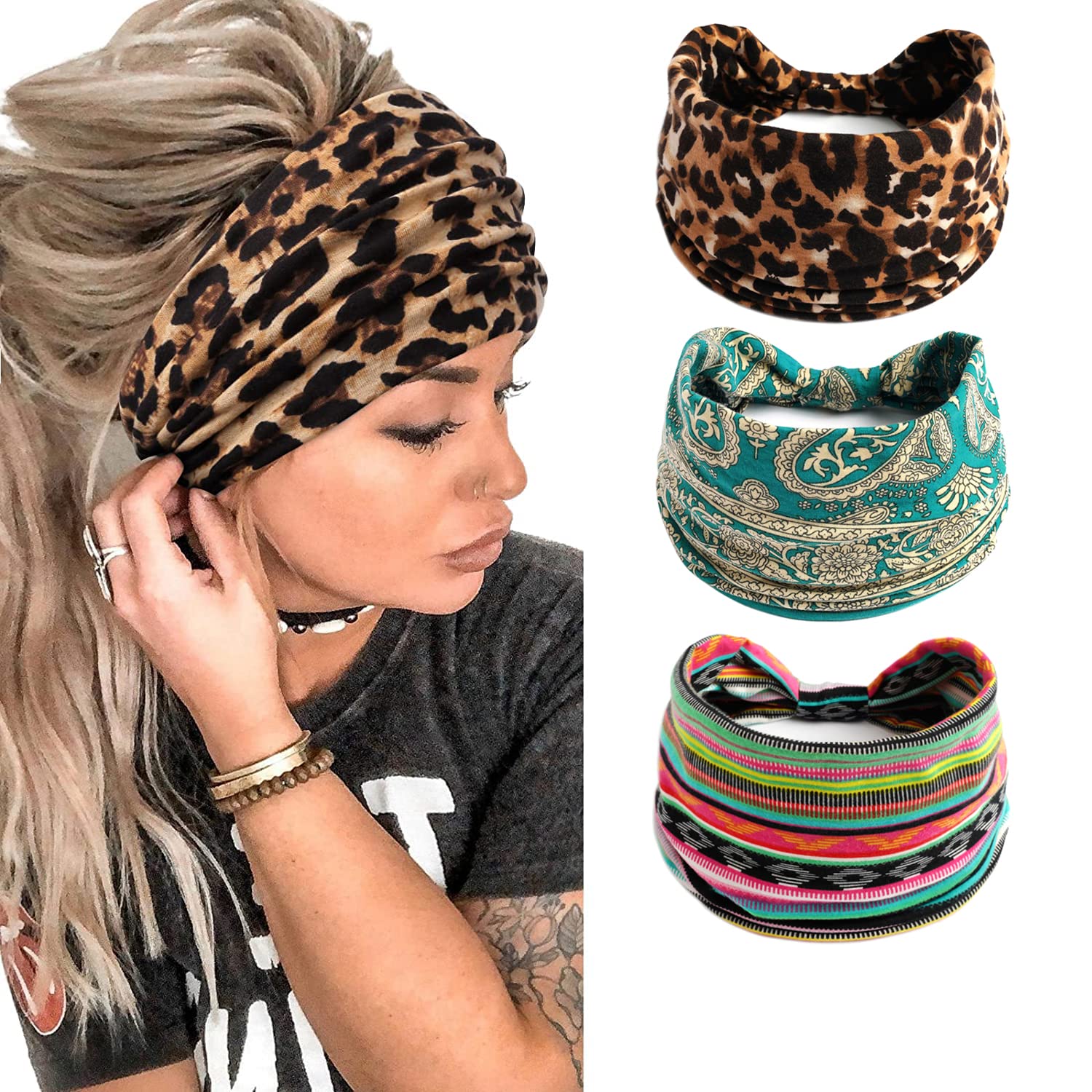 Eyanse Workout Headbands for Women Leopard Boho Retro Paisley Fabric Fashion Stretch Head Wraps Yoga Hair Bandana Head Bands Pack of 3,Colorful