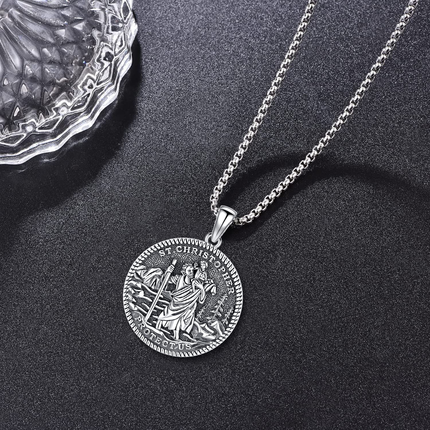 Aniu St Christopher Necklace for Men Saint Christopher Necklace for Men St Christopher Medal Medallion Pendant Necklace Sterling Silver Protect Talisman Necklace Tavel Jewelry