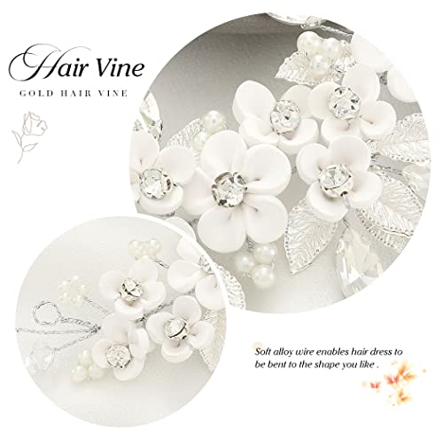 Unicra Silver Flower Bride Wedding Hair Vine Pearl Bridal Hair Piece Rhinestone Hair Accessories Leaf Headband for Women and Girls