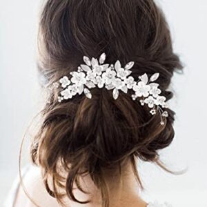 Unicra Silver Flower Bride Wedding Hair Vine Pearl Bridal Hair Piece Rhinestone Hair Accessories Leaf Headband for Women and Girls