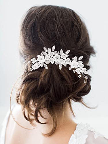 Unicra Silver Flower Bride Wedding Hair Vine Pearl Bridal Hair Piece Rhinestone Hair Accessories Leaf Headband for Women and Girls