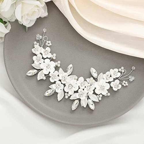 Unicra Silver Flower Bride Wedding Hair Vine Pearl Bridal Hair Piece Rhinestone Hair Accessories Leaf Headband for Women and Girls