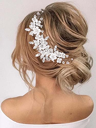 Unicra Silver Flower Bride Wedding Hair Vine Pearl Bridal Hair Piece Rhinestone Hair Accessories Leaf Headband for Women and Girls