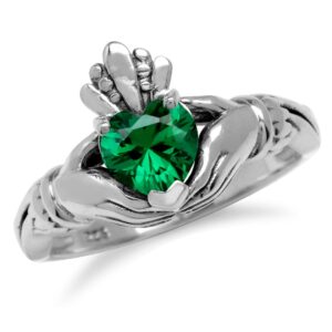 Silvershake 6MM Heart Shape Created Nano Green Emerald Irish Celtic Claddagh 925 Sterling Silver Friendship Ring May Gemstone Birthstone Size 5