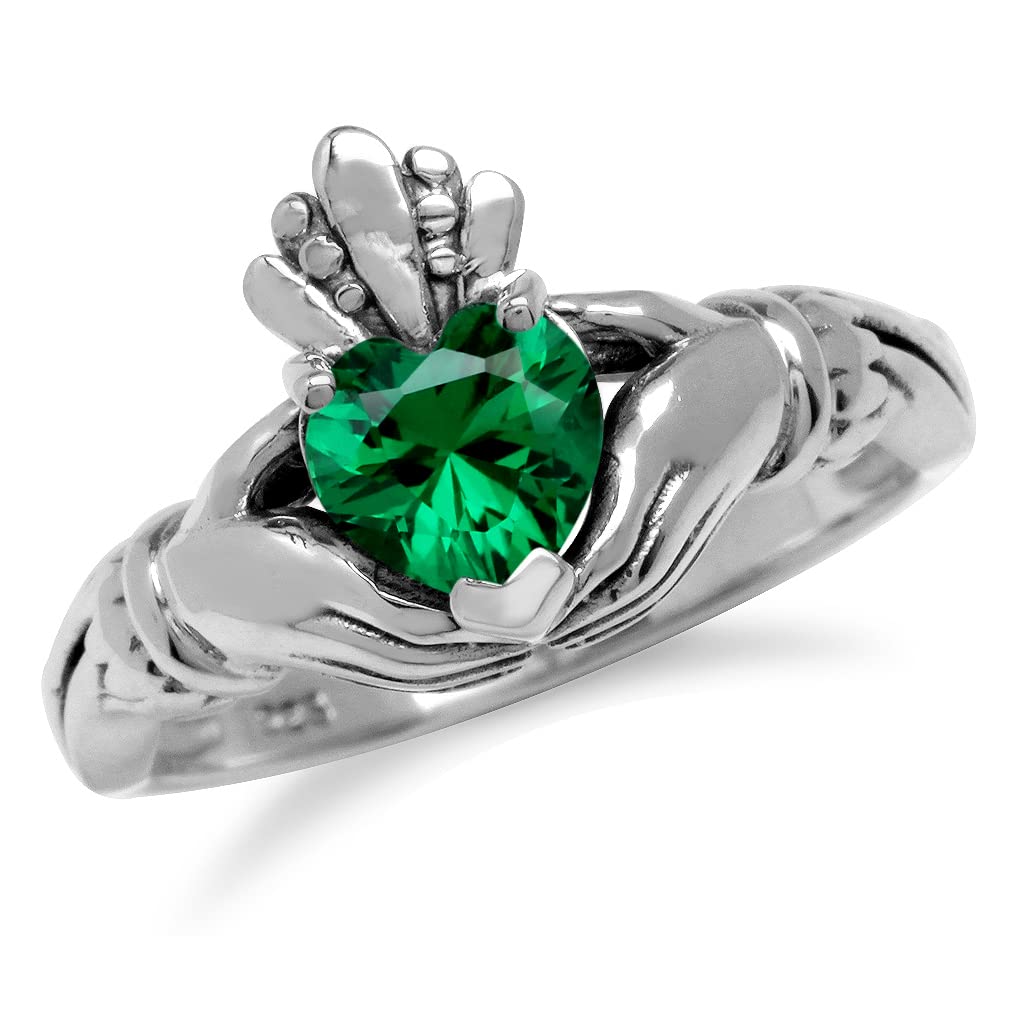 Silvershake 6MM Heart Shape Created Nano Green Emerald Irish Celtic Claddagh 925 Sterling Silver Friendship Ring May Gemstone Birthstone Size 5