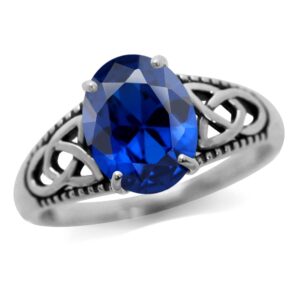 Silvershake 10X8mm Oval Shape Created Blue Sapphire 925 Sterling Silver Triquetra Celtic Knot Solitaire Ring September Gemstone Birthstone Size 11