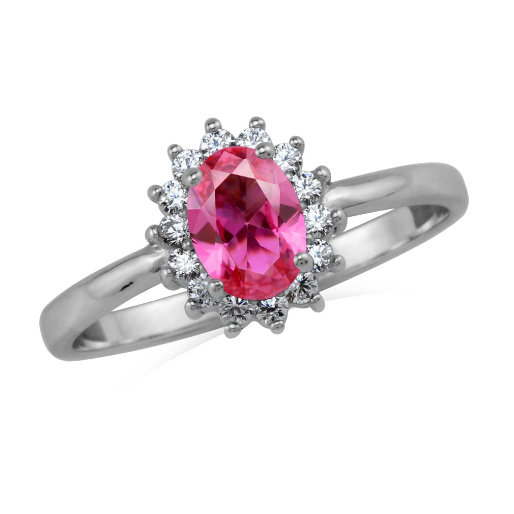 Silvershake Petite 7X5mm Created Oval Shape Pink Tourmaline White Gold Plated 925 Sterling Silver Flower Cluster Engagement and Promise Ring October Gemstone Birthstone Size 8