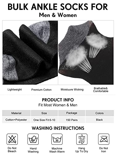 Hicarer 150 Pairs Men's Cushion Ankle Socks Breathable Casual Socks Comfort Men Low Cut Sock for Men Sports Outdoor Running (Black, Gray)