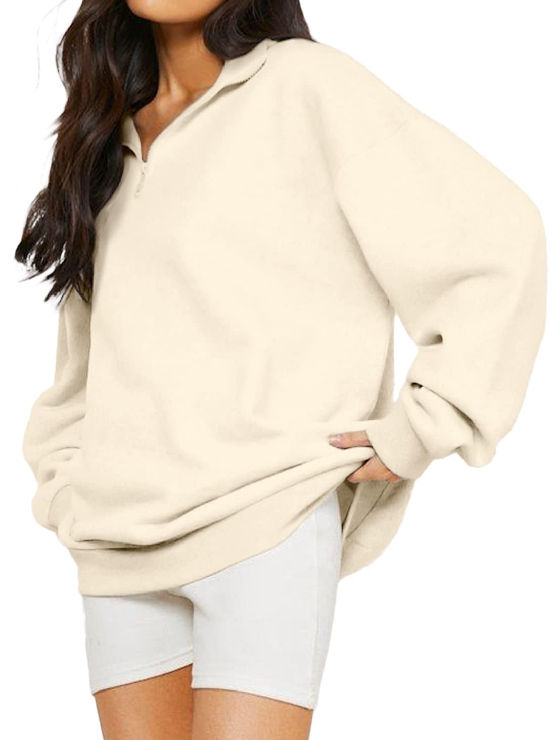 TAIPOVE Womens Fleece Sweatershirt w Pockets Half Quarter Zip Pullover Winter Long Sleeve T-Shirt Cute Casual Henley Tops Beige