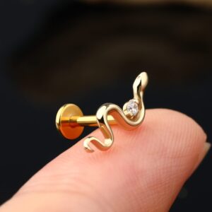 Jewseen 14K Solid Gold Snake Cartilage Earring 16g Flat Back Stud Helix Piercing Jewelry Tragus Earring Conch Stud Titanium Labret Post Lip Ring Nose Stud for Women Men