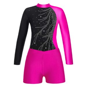 vernlan girls one piece shiny diamonds long sleeve ballet dance leotard gymnastics ballerina ballroom performance rose suit 8 years