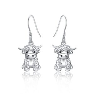 YAFEINI Highland Cow Earrings 925 Sterling Sliver Cow Dangle Earrings Highland Cow Jewelry for Women