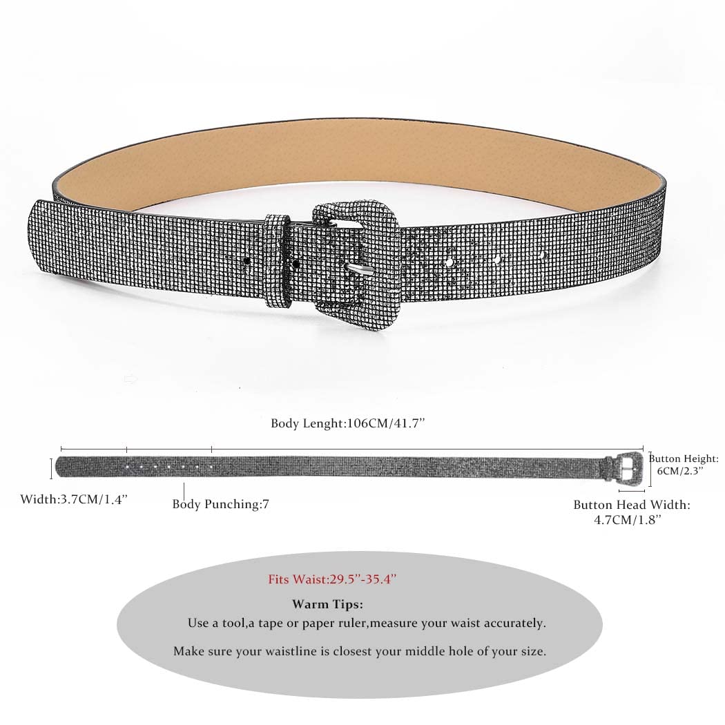 Yalice Shiny Sequins Belt Rhinestone Leather Sash Belt Women Bling Skinny Belts for Dress Studded Waist Belt for Jeans Pant (Antique Silver)