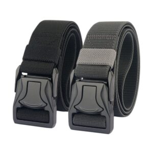 2 pack-metal buckle quick release outdoor tactical belt for men stretch nylon web belt for hunting camping (black+grey)