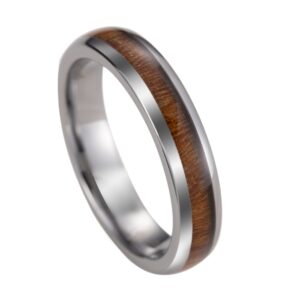 Tungsten Carbide Genuine Natural Hawaiian Koa Wood Tree Inlay Comfort Fit Ring 8mm 6mm 4mm Wedding Band Dome Style High Polished Finish with Gift Box Included (4mm Tungsten, 7)