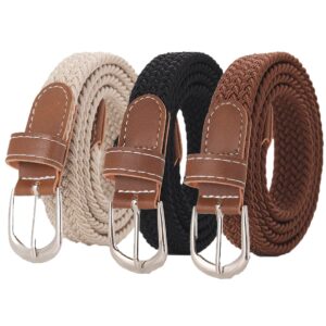 3 pcs Elastic Stretch Woven Belt with Classical Colors for Jeans Braided Belt for Golf Casual Pants (Classical Buckle)