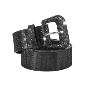 yalice shiny sequins belt rhinestone leather sash belt women bling skinny belts for dress studded waist belt for jeans pant (black)