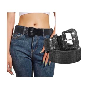 Yalice Shiny Sequins Belt Rhinestone Leather Sash Belt Women Bling Skinny Belts for Dress Studded Waist Belt for Jeans Pant (Black)