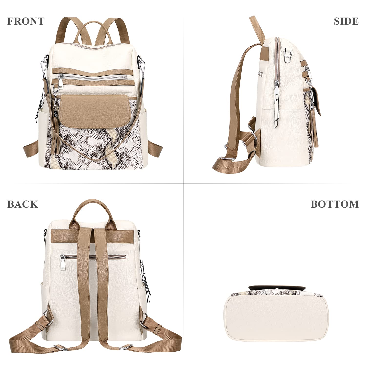 ALTOSY Genuine Leather Backpack Purse for Women Large Convertible Shoulder bag Ladies Crossdody Bag with Tassel(S115 White/Dark Khaki/Gold Python)