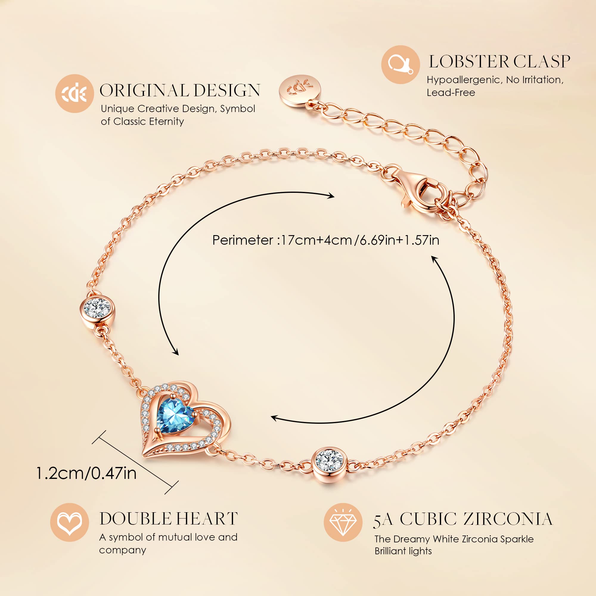 CDE Love Heart Bracelets for Women, 925 Sterling Silver with Birthstone Zirconia, Valentine's Mother's Day Christmas Birthday Anniversary Charm Link Chain Bracelet Jewelry Gifts for Mom Wife Girlfriend Her