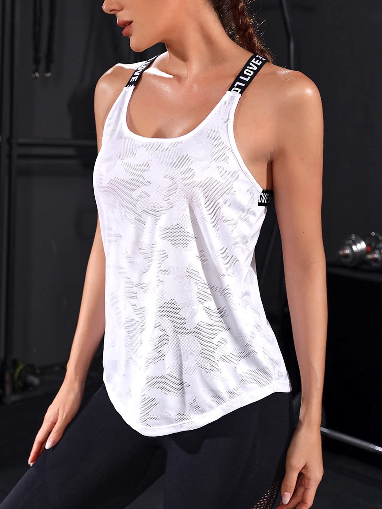 SweatyRocks Women's Activewear Letter Print Criss Cross Backless Tank Top Workout Out Sports Shirt White L