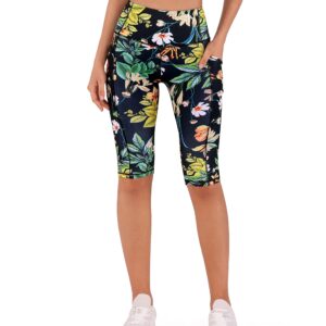 ODODOS Women's Knee Length High Waisted Yoga Capris with Pockets, Pattern Workout Athletic Running Capri Leggings, Tropical Flower, Medium