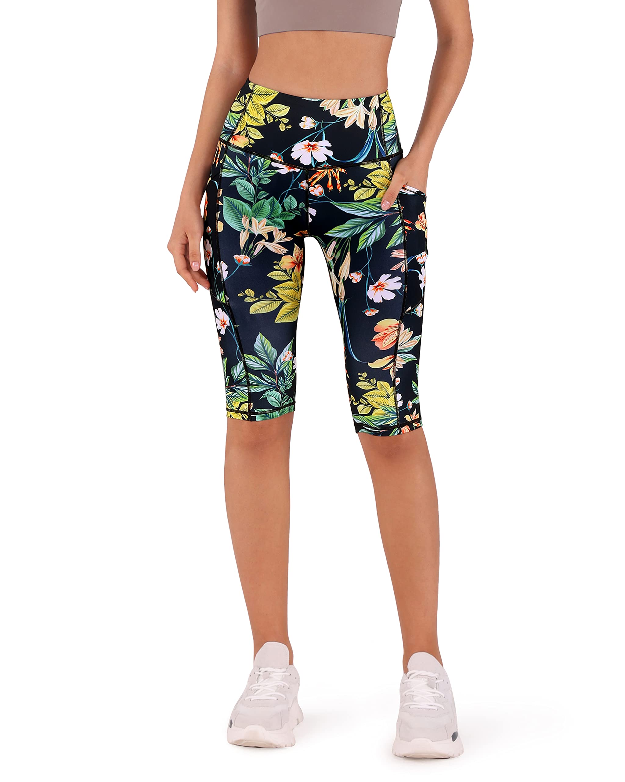 ODODOS Women's Knee Length High Waisted Yoga Capris with Pockets, Pattern Workout Athletic Running Capri Leggings, Tropical Flower, Medium