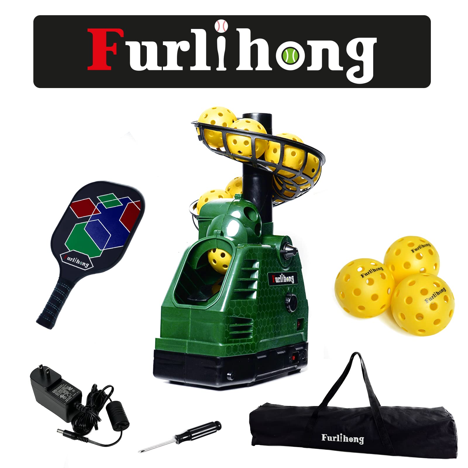 Furlihong 680PBH Pickleball Starter Kit, Including Launch Machine, Ball Recycling Net, Pickleball Paddle, 3 x Pickleballs and Carrying Bag