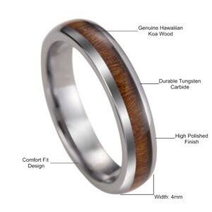 Tungsten Carbide Genuine Natural Hawaiian Koa Wood Tree Inlay Comfort Fit Ring 8mm 6mm 4mm Wedding Band Dome Style High Polished Finish with Gift Box Included (4mm Tungsten, 7)