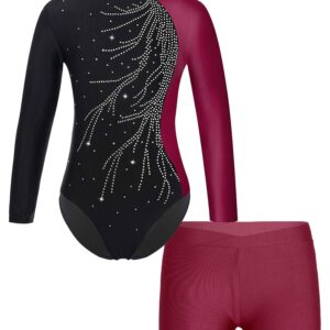 FEESHOW Girls 2Pcs Glitter Long Sleeve Leotards with Shorts Outfits Athletic Unitards Gymnastics Dancewear Clothes Red_A 14 Years