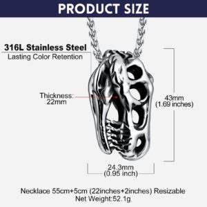 Bandmax Mens Stainless Steel Necklace Dinosaur Head Skull Pendant Chain T-rex Gothic Animal Charm Retro Vintage Punk Skull Necklace Jewelry for Women Men