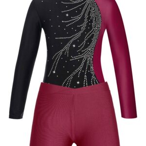 FEESHOW Girls 2Pcs Glitter Long Sleeve Leotards with Shorts Outfits Athletic Unitards Gymnastics Dancewear Clothes Red_A 14 Years