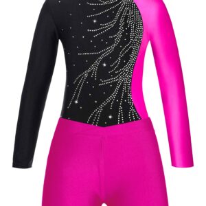 VernLan Girls One Piece Shiny Diamonds Long Sleeve Ballet Dance Leotard Gymnastics Ballerina Ballroom Performance Rose suit 8 Years