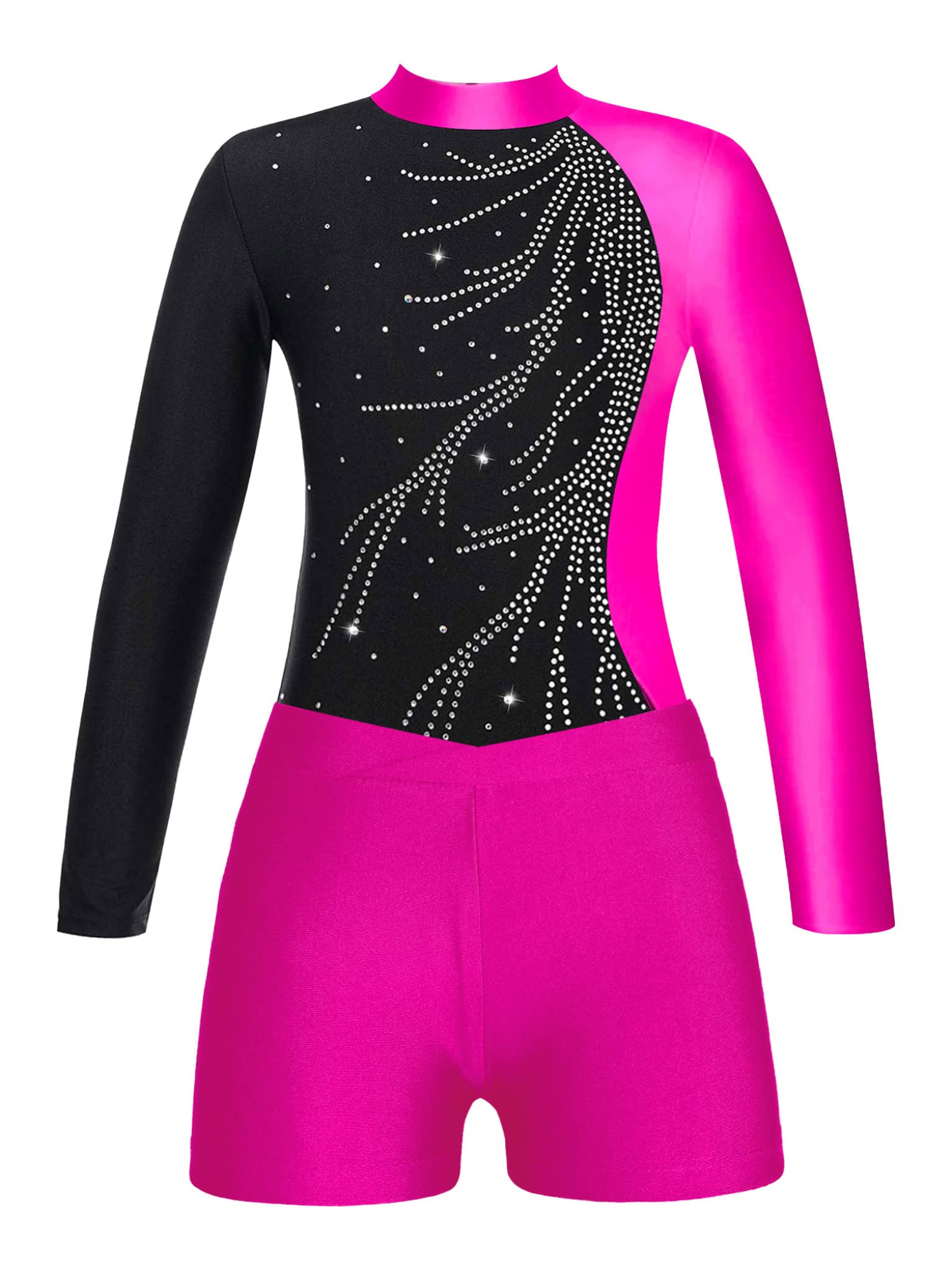 VernLan Girls One Piece Shiny Diamonds Long Sleeve Ballet Dance Leotard Gymnastics Ballerina Ballroom Performance Rose suit 8 Years