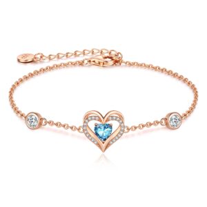 CDE Love Heart Bracelets for Women, 925 Sterling Silver with Birthstone Zirconia, Valentine's Mother's Day Christmas Birthday Anniversary Charm Link Chain Bracelet Jewelry Gifts for Mom Wife Girlfriend Her