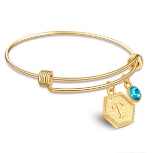 suonie 18k gold plated bangles,26 letters initial hexagon pendant adjustable bangles,women charm bracelet bangles,blue rhinestone bracelet for girls teenage birthday christmas gifts (t)