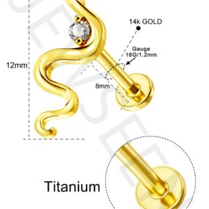 Jewseen 14K Solid Gold Snake Cartilage Earring 16g Flat Back Stud Helix Piercing Jewelry Tragus Earring Conch Stud Titanium Labret Post Lip Ring Nose Stud for Women Men