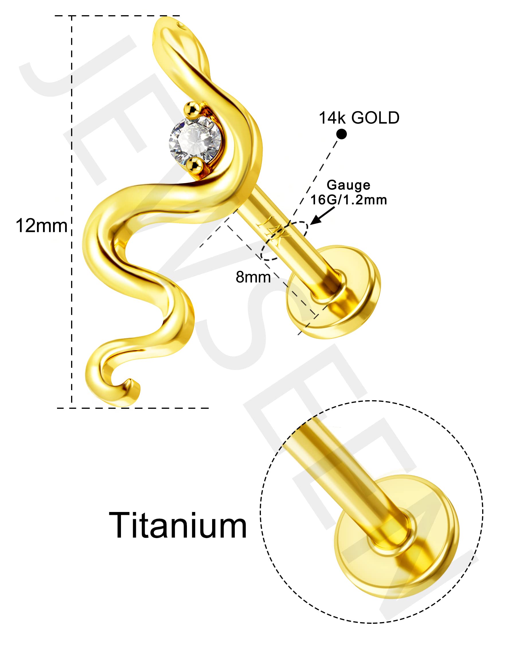 Jewseen 14K Solid Gold Snake Cartilage Earring 16g Flat Back Stud Helix Piercing Jewelry Tragus Earring Conch Stud Titanium Labret Post Lip Ring Nose Stud for Women Men