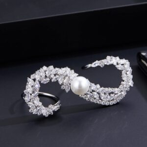 Aprilery Three-Finger Statement Rings for Women, Unique Pearl CZ Crystal Adjustable Open Ring Multiple Finger Cocktail Ring Jewelry Wedding Party Prom Accessory Gifts for Her Style 1