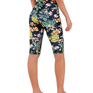 ODODOS Women's Knee Length High Waisted Yoga Capris with Pockets, Pattern Workout Athletic Running Capri Leggings, Tropical Flower, Medium