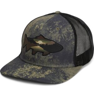 Sunset Trout 6-Panel Mesh Back Fly Fishing hat Moutain Silhouette Fishing hat (Olive Cirrus)