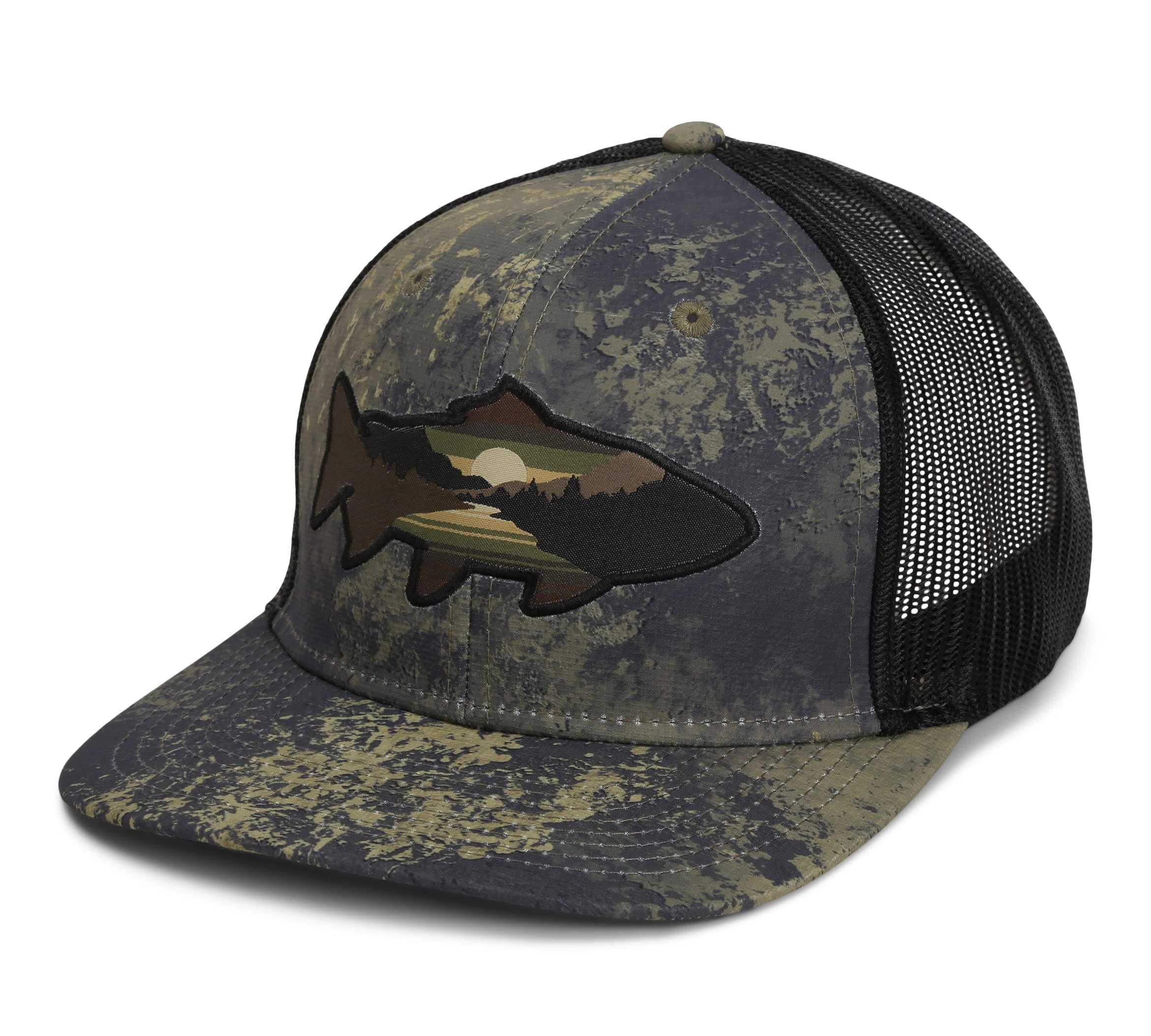 Sunset Trout 6-Panel Mesh Back Fly Fishing hat Moutain Silhouette Fishing hat (Olive Cirrus)