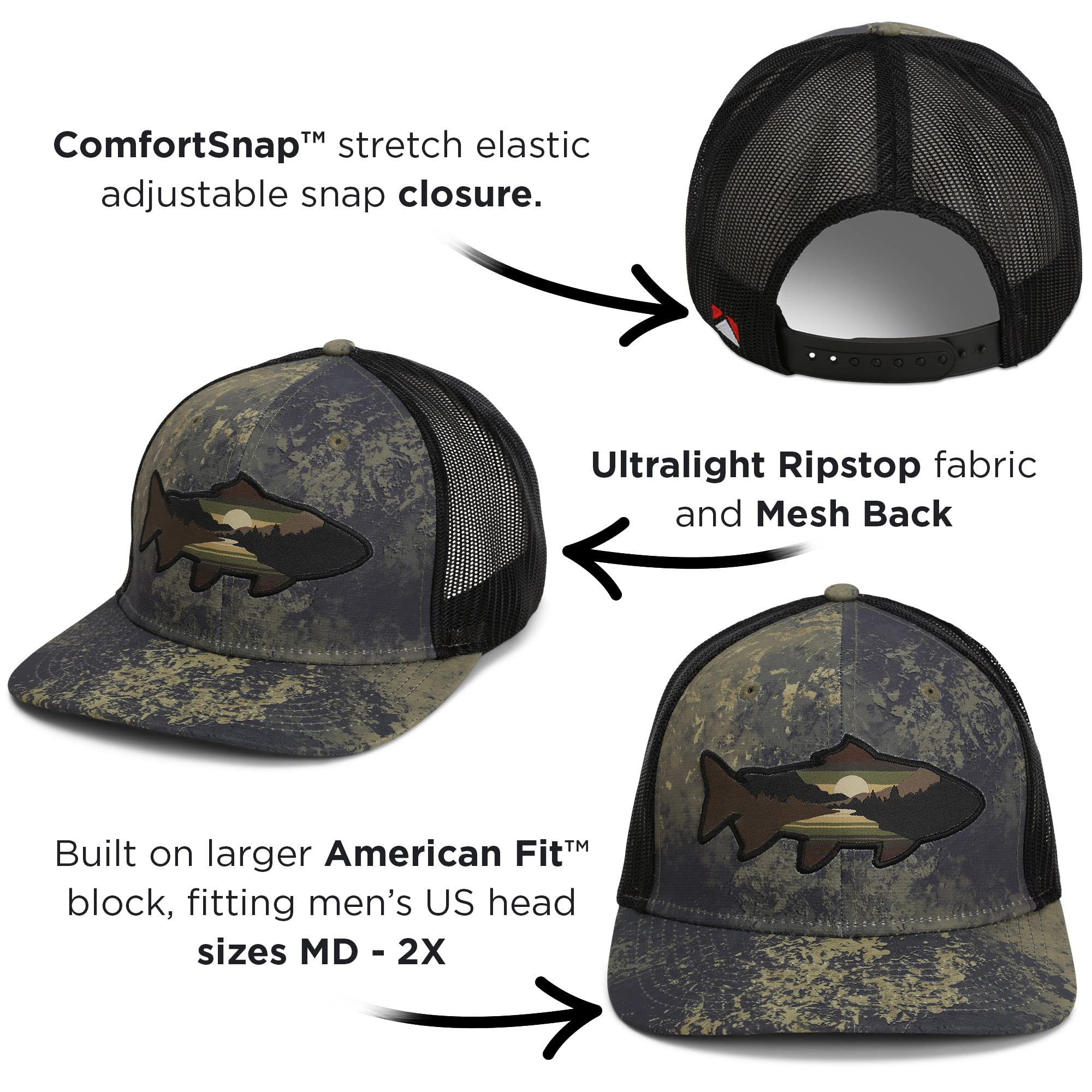 Sunset Trout 6-Panel Mesh Back Fly Fishing hat Moutain Silhouette Fishing hat (Olive Cirrus)