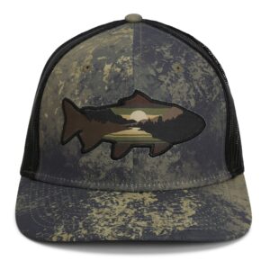 Sunset Trout 6-Panel Mesh Back Fly Fishing hat Moutain Silhouette Fishing hat (Olive Cirrus)