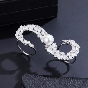 Aprilery Three-Finger Statement Rings for Women, Unique Pearl CZ Crystal Adjustable Open Ring Multiple Finger Cocktail Ring Jewelry Wedding Party Prom Accessory Gifts for Her Style 1